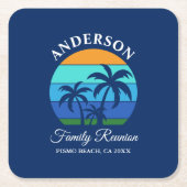 Family Reunion Summer Beach Palm Trees Blue Square Paper Coaster (Front)