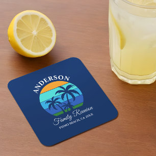 Family Reunion Summer Beach Palm Trees Blue Square Paper Coaster