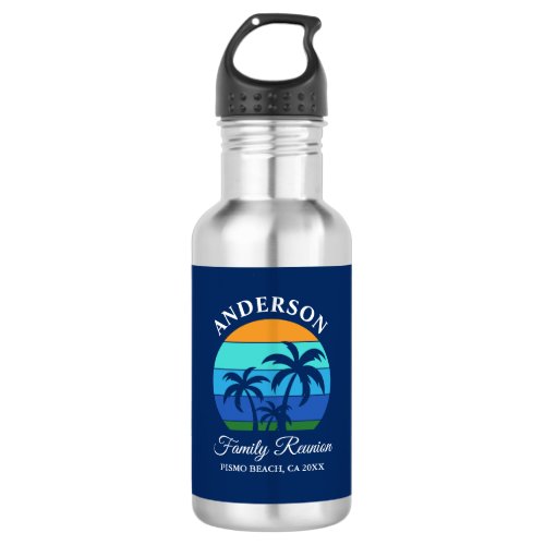 Family Reunion Summer Beach Palm Trees Blue Stainless Steel Water Bottle
