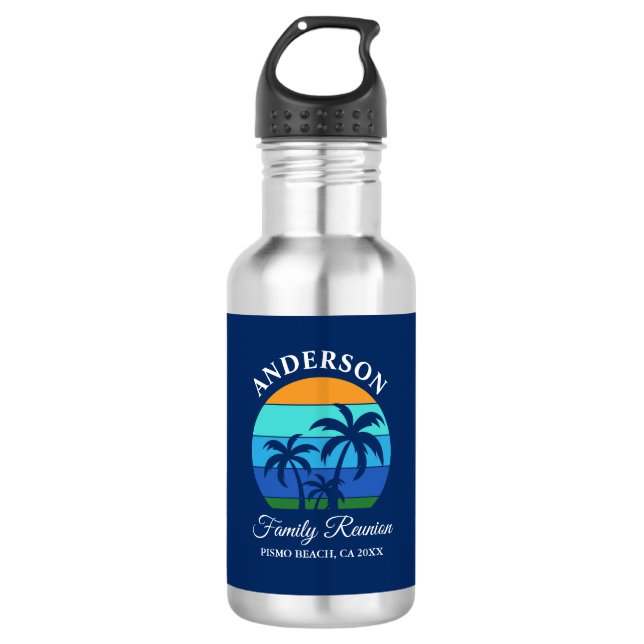 Family Reunion Summer Beach Palm Trees Blue Stainless Steel Water Bottle (Front)