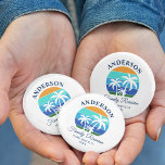 Family Reunion Summer Beach Palm Trees Button<br><div class="desc">Family Reunion Summer Beach Palm Trees Sun Retro Style Pin Back Button. Great for family reunion vacations from camping on the beach to a boat cruise. Personalize with your family name,  location,  year or date and more.  Navy Blue Text or choose your color.</div>
