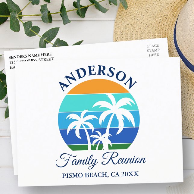 Family Reunion Summer Beach Palm Trees Postcard (Customize to change text size, style or color.)