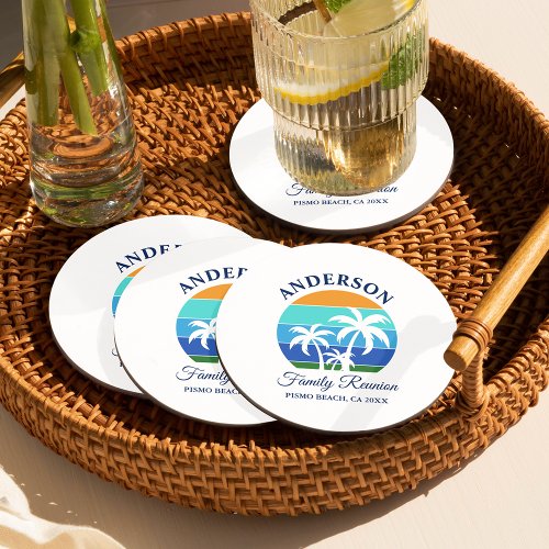 Family Reunion Summer Beach Palm Trees Round Paper Coaster