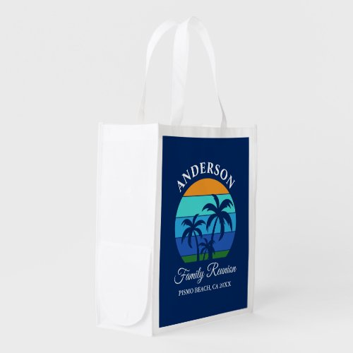 Family Reunion Summer Palm Trees Blue Reusable Grocery Bag