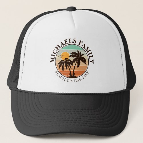 Family Reunion Summer Sunset Beach Palm Trees 60s Trucker Hat