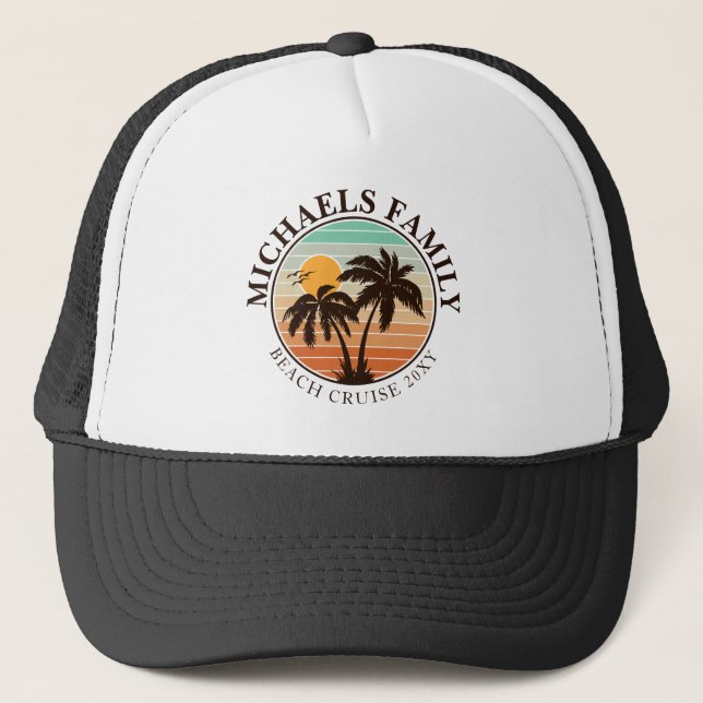 Family Reunion Summer Sunset Beach Palm Trees 60s Trucker Hat (Front)