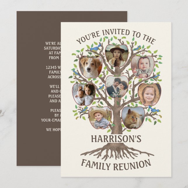 Family Reunion Tree Get Together 8 Photo Collage Invitation (Front/Back)