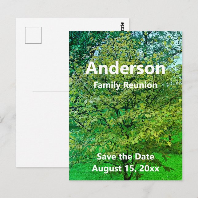 Family Reunion (Tree) Green & White Save the Date Postcard (Front/Back)
