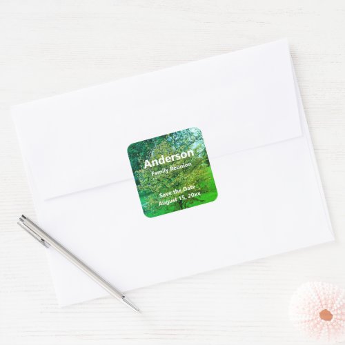 Family Reunion Tree Green  White Save the Date Square Sticker