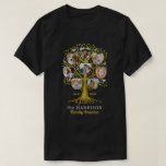 Family Reunion Tree Photo Collage Custom Gold T-Shirt<br><div class="desc">Celebrate your family reunion with these unique, matching personalized "family tree" t-shirts. This beautiful design includes original tree artwork, plus 8 of your family photos in the shape of apples. The hand-drawn artwork shows a tree with roots and leaves in a gold color. The tree includes little silver-gray birds sitting...</div>