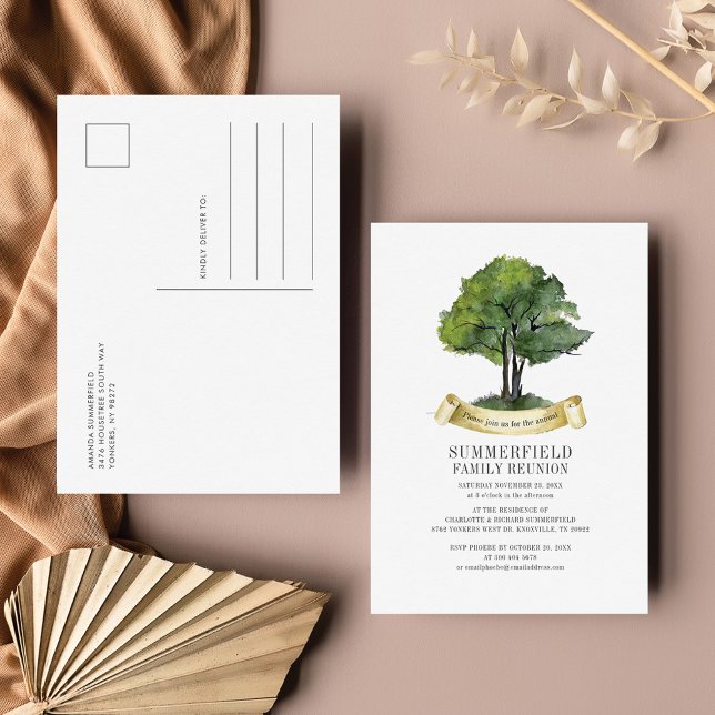 Family Reunion Tree Ribbon Watercolor Typography Invitation Postcard (Creator Uploaded)