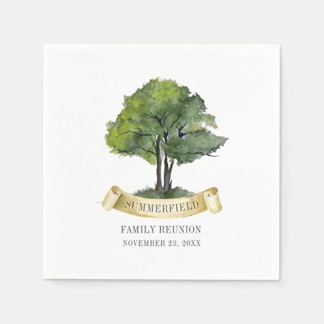 Family Reunion Tree Ribbon Watercolor Typography Napkins (Front)