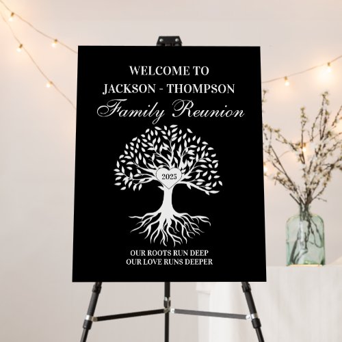Family reunion tree welcome sign black and white