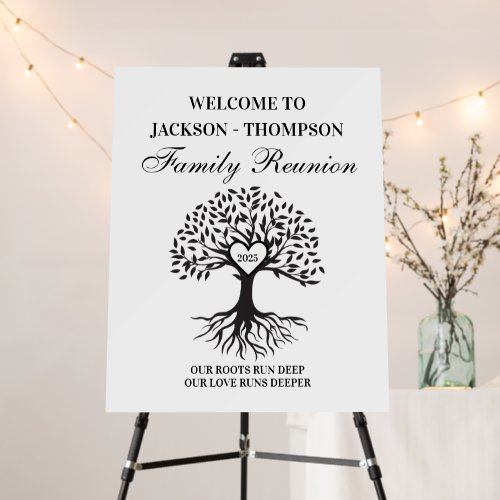 Family reunion tree welcome sign black and white