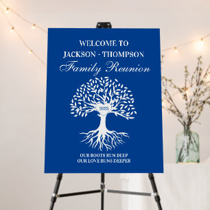 Family reunion tree welcome sign blue and white