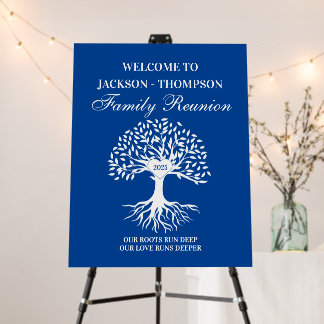 Family reunion tree welcome sign blue and white