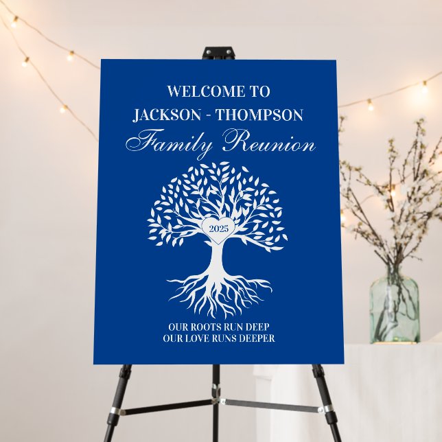 Family reunion tree welcome sign blue and white (In Situ (Stand))