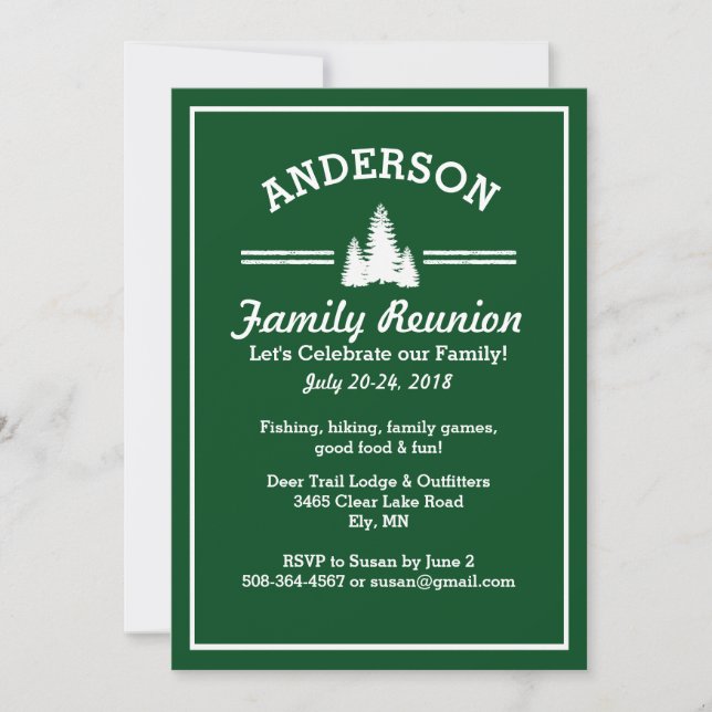 Family Reunion Trip | Rustic Pine Trees Lake House Invitation (Front)