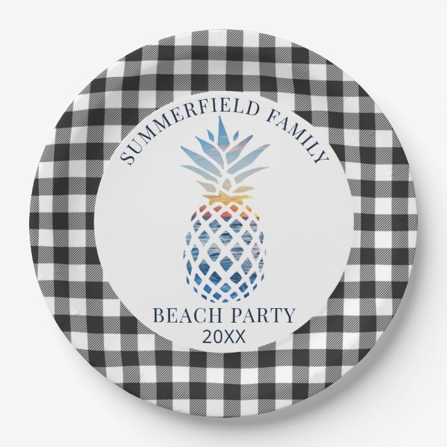 Family Reunion Tropical Beach Summer Party Gingham Paper Plates (Front)