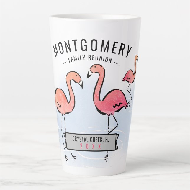  Family Reunion Tropical Pink Flamingo Custom Name Latte Mug (Front)