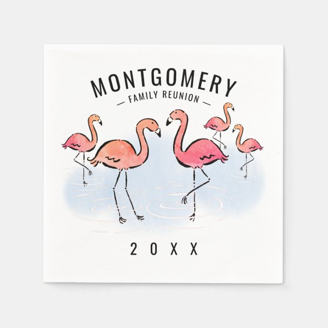 Family Reunion Tropical Pink Flamingo Custom Name Napkins (Front)