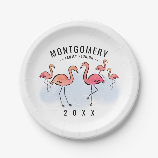 Family Reunion Tropical Pink Flamingo Custom Name Paper Plates (Front)