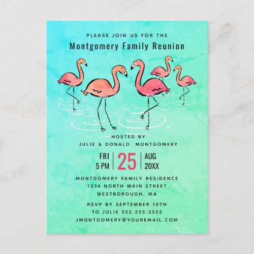 _Family Reunion Tropical Watercolor Flamingo Invitation Postcard