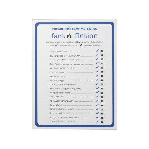 Family Reunion True or False Trivia Game Notepad