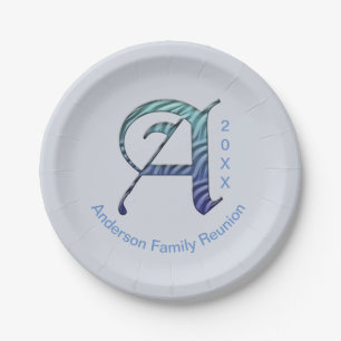 Family Reunion Unique Blue Letter A Monogram Paper Plates