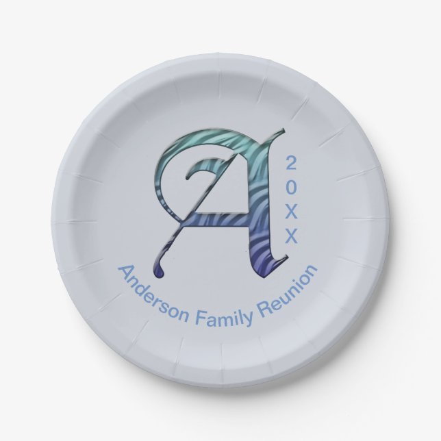 Family Reunion Unique Blue Letter A Monogram Paper Plates (Front)