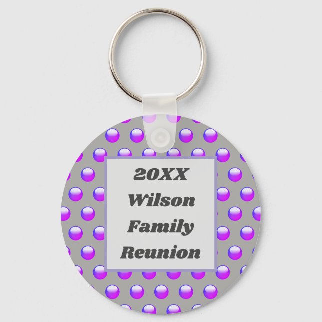 Family Reunion Vibrant Purple Polka Dot Keepsake Keychain (Front)
