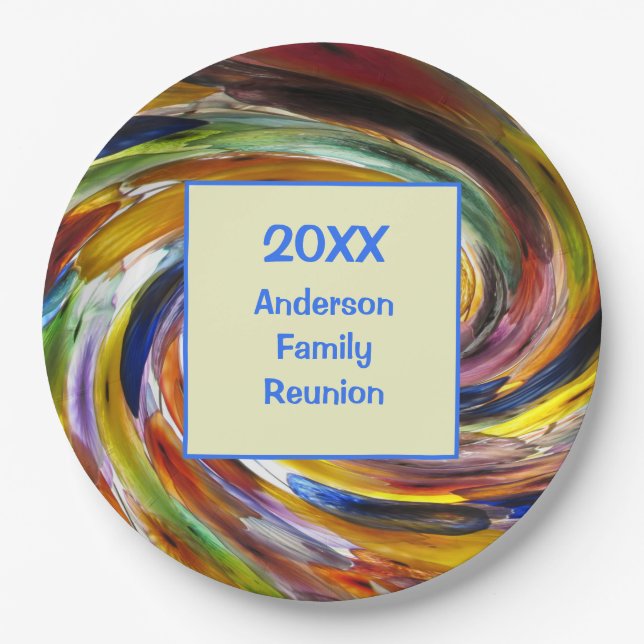 Family Reunion Vivid Tie Dye Swirl Abstract Event Paper Plates (Front)