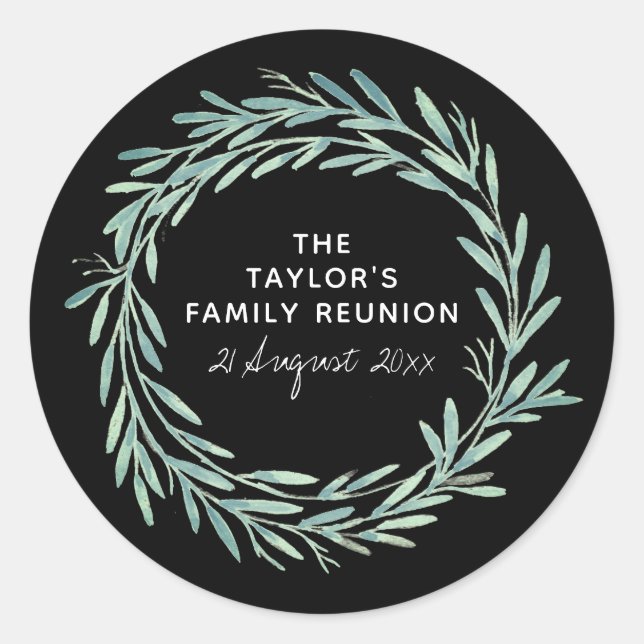 Family Reunion Watercolor Wreath Greenery Black Classic Round Sticker (Front)
