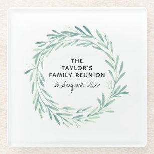 Family Reunion Watercolor Wreath Greenery Foliage Glass Coaster