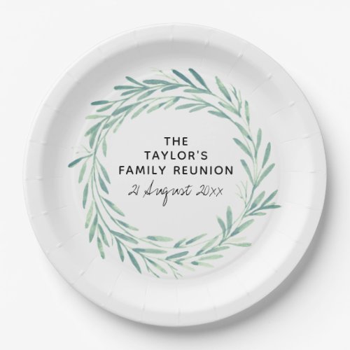 Family Reunion Watercolor Wreath Greenery Foliage Paper Plates