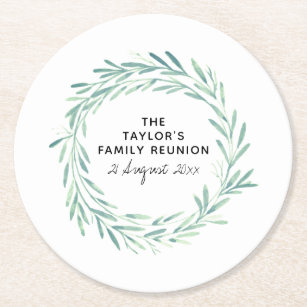Family Reunion Watercolor Wreath Greenery Foliage Round Paper Coaster