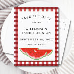 Family Reunion Watermelon Save The Date Announcement Postcard<br><div class="desc">Are you planning a family reunion?
Let your family know the date with these Save the Date postcards.
They are decorated with watercolor watermelons on a red and white buffalo check background.
Easily customizable.
Original Watercolor © Michele Davies.</div>