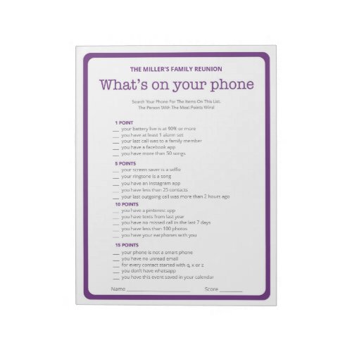 Family Reunion Whats on Your Phone Game Notepad