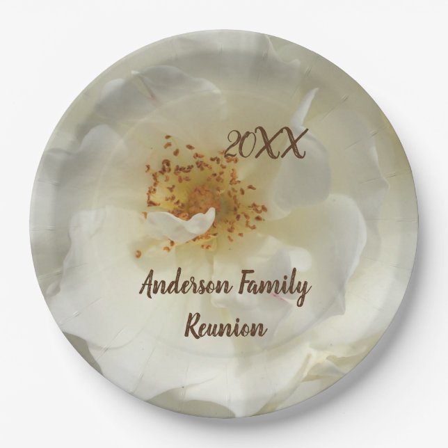 Family Reunion White Rose Photo Floral Gathering Paper Plates (Front)