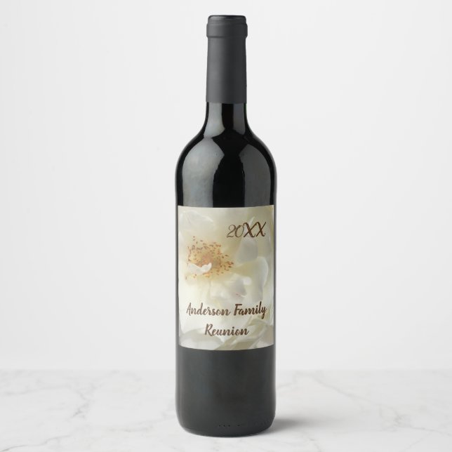 Family Reunion White Rose Photo Floral Gathering Wine Label (Front)