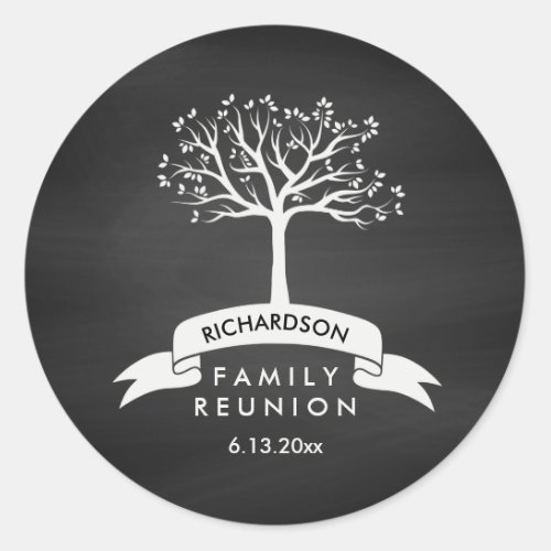 Family Reunion with Chalkboard Banner and Tree Classic Round Sticker