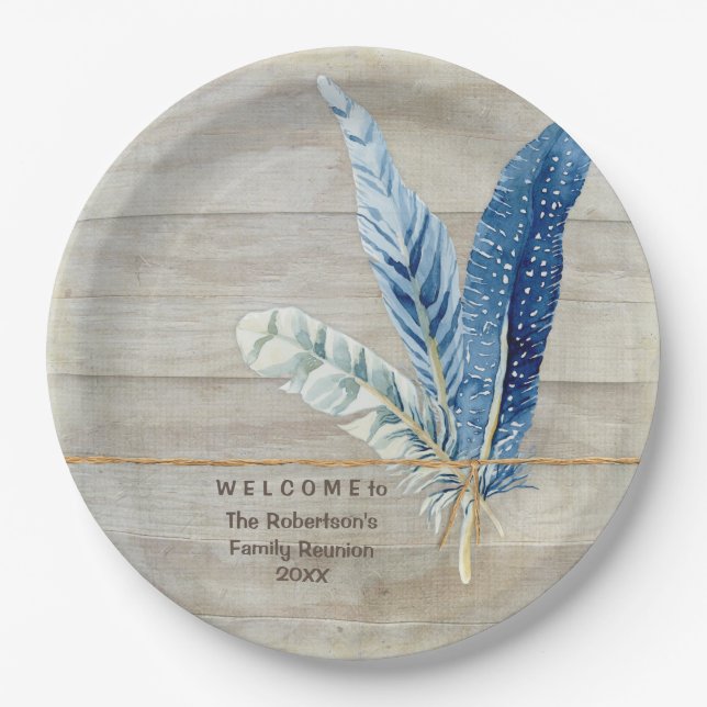 Family Reunion Wood Fence Board w Feather Paper Plates (Front)