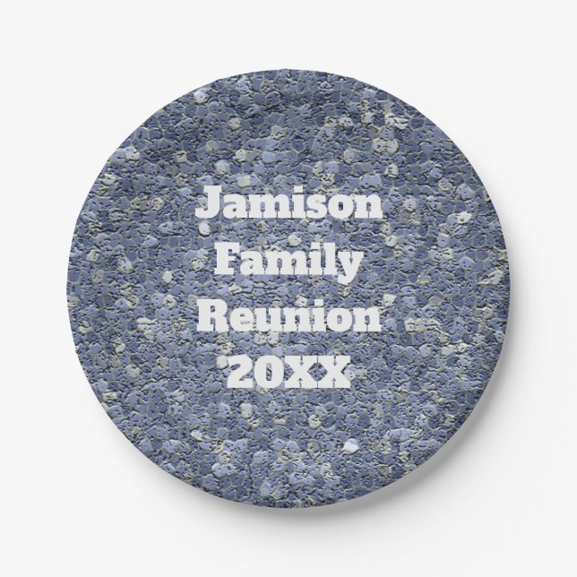Family Reunion Year and Last Name Blue Mosaic Paper Plates (Front)