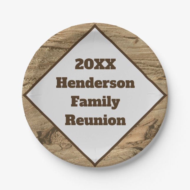 Family Reunion Year and Last Name Wood Grain Paper Plates (Front)