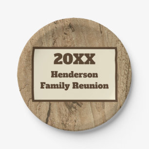 Family Reunion Year and Last Name Woodgrain Paper Plates