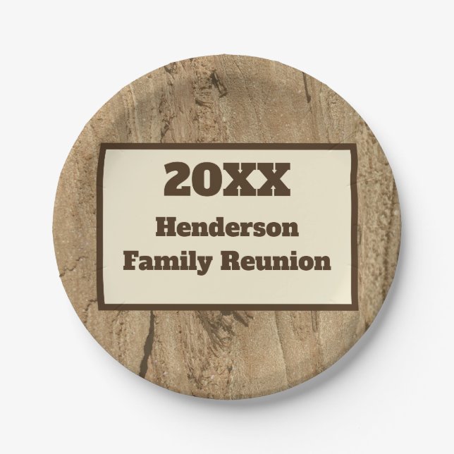 Family Reunion Year and Last Name Woodgrain Paper Plates (Front)
