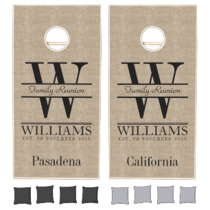 Family Reunion Your Own Burlap Retro Logo Monogram Cornhole Set