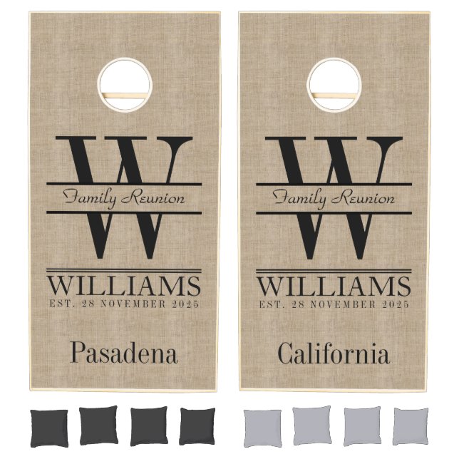 Family Reunion Your Own Burlap Retro Logo Monogram Cornhole Set (Set)