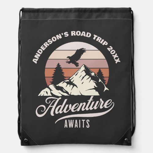 Family Road Trip Summer Vacation Mountains Vintage Drawstring Bag