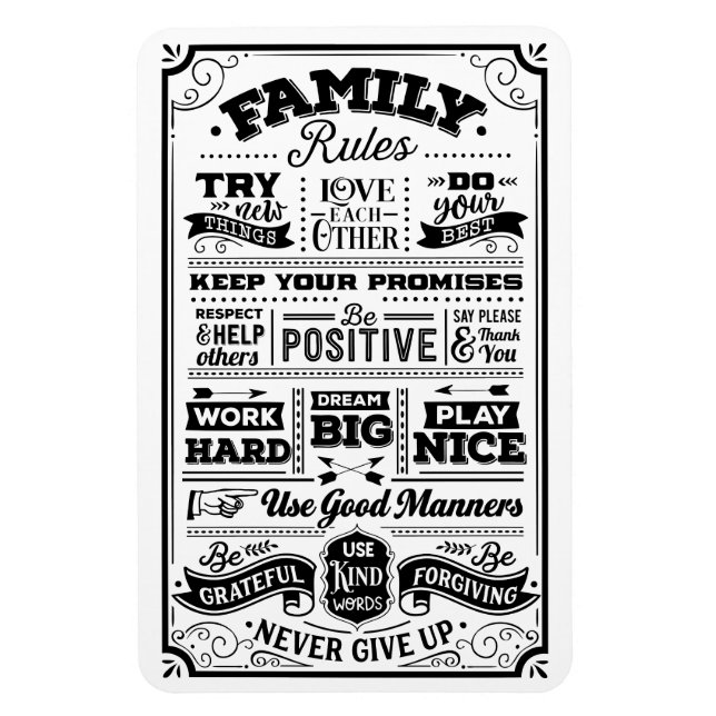 Family Rules Black and White Magnet (Vertical)